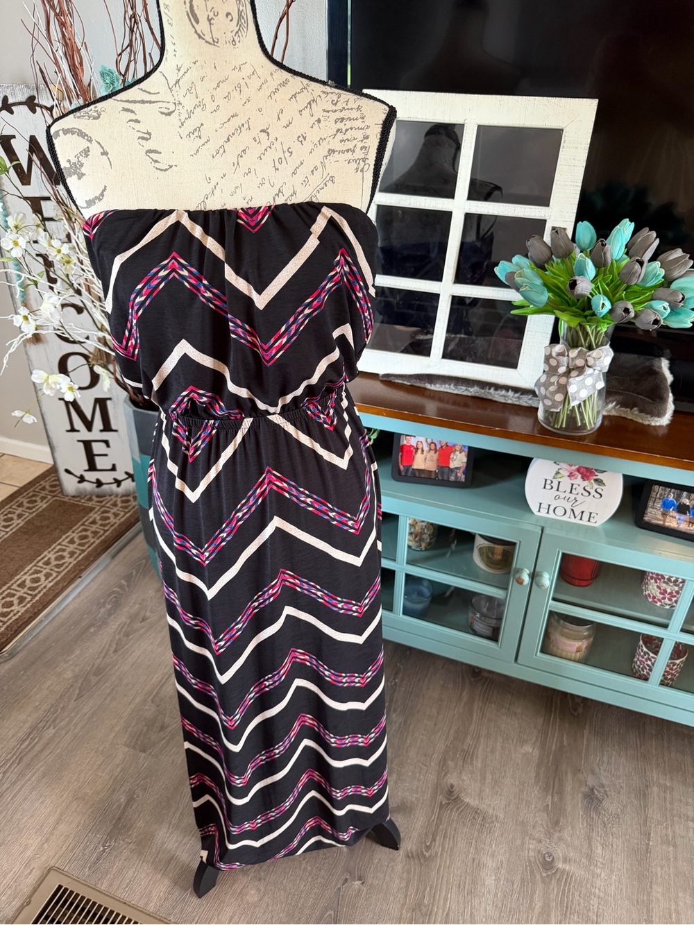 Three Hearts Black Strapless Chevron Maxi Dress with Pink Accents Medium